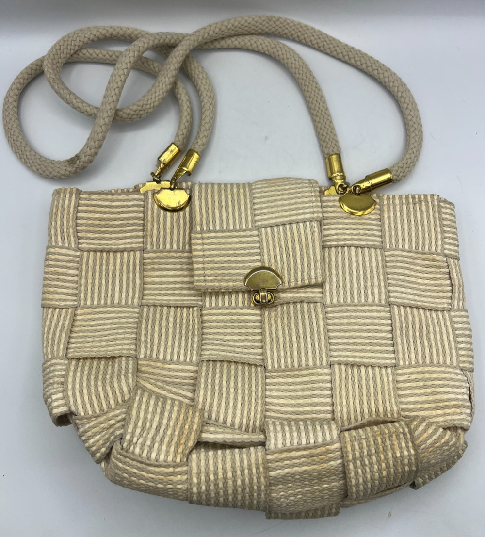 Vintage 70s 80s Made in Italy Woven Shoulder Bag Cream Gold Tone Purse